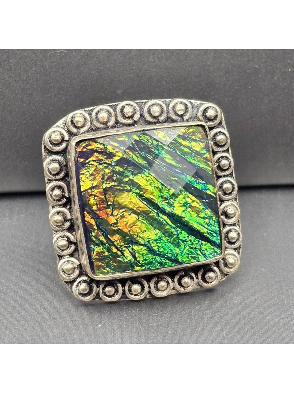 Etruscan Revival Ring Dichroic Glass Cabochon VTG Silver-Plt Size 7.5 Jewelry